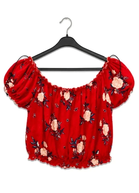 Top crop H&M rouge fleuri épaules dénudées – Taille M, style été – photo 3